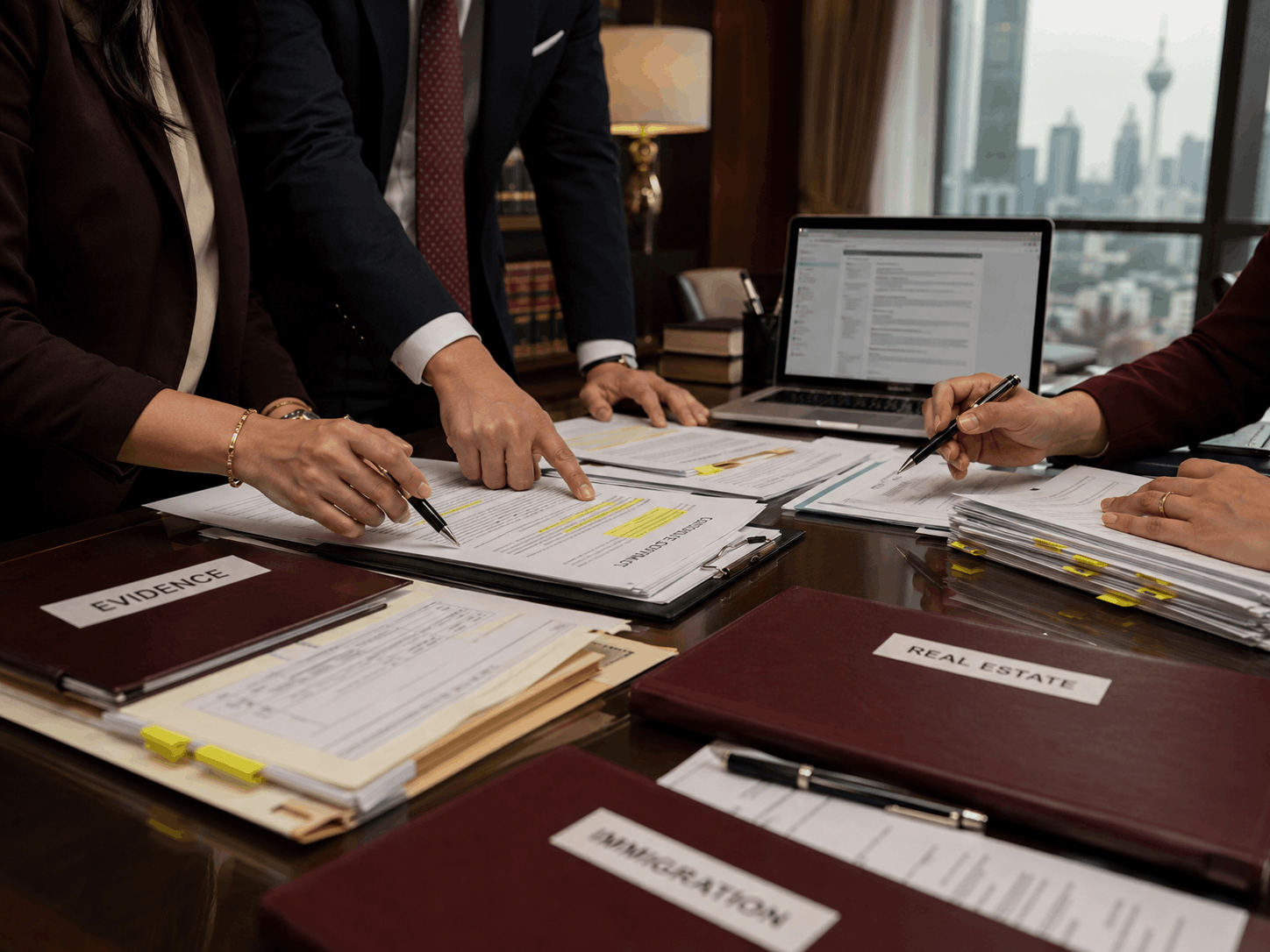 Legal team reviewing evidence and corporate documents