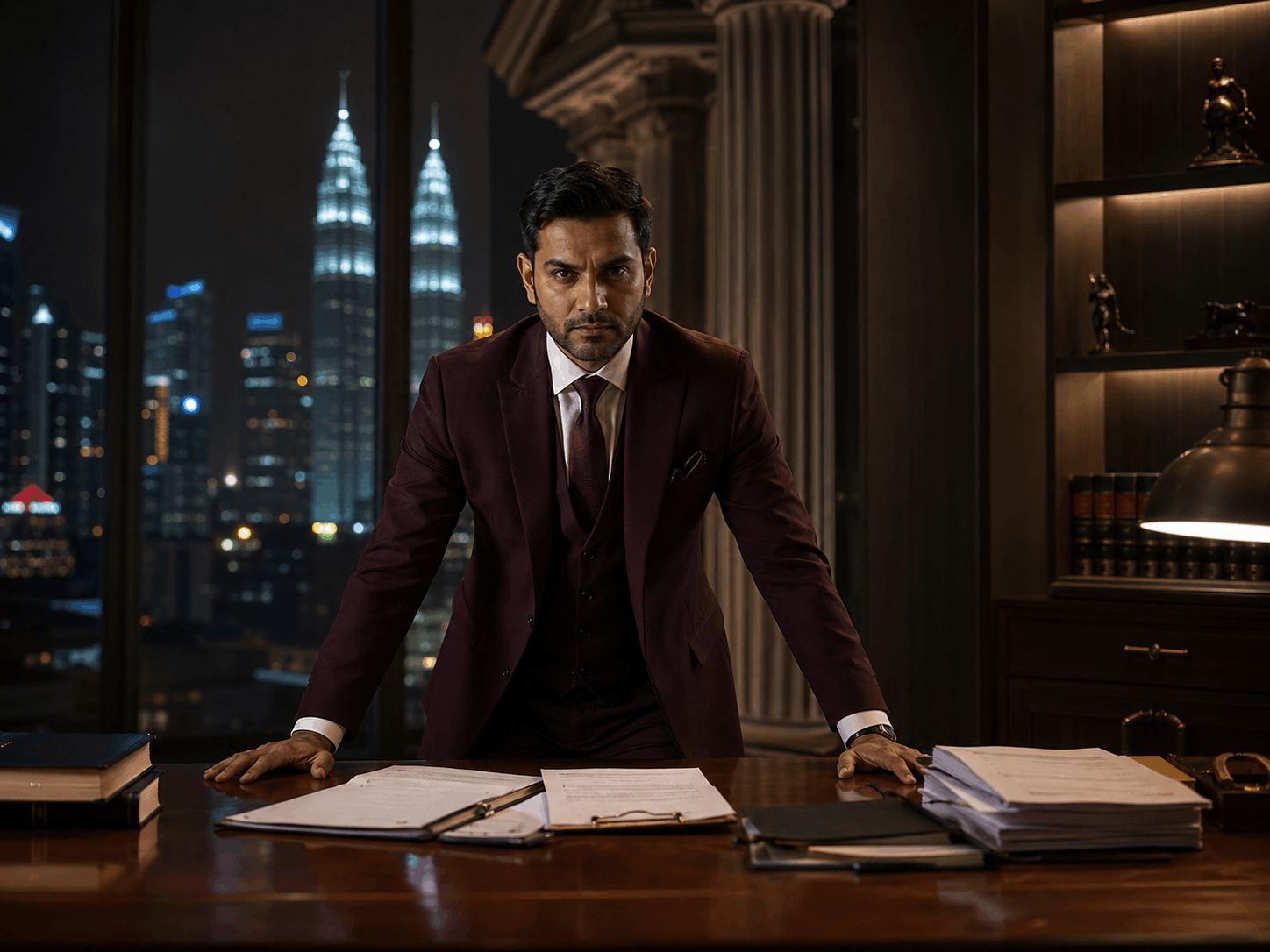 Criminal defense lawyer preparing case files in a Kuala Lumpur office