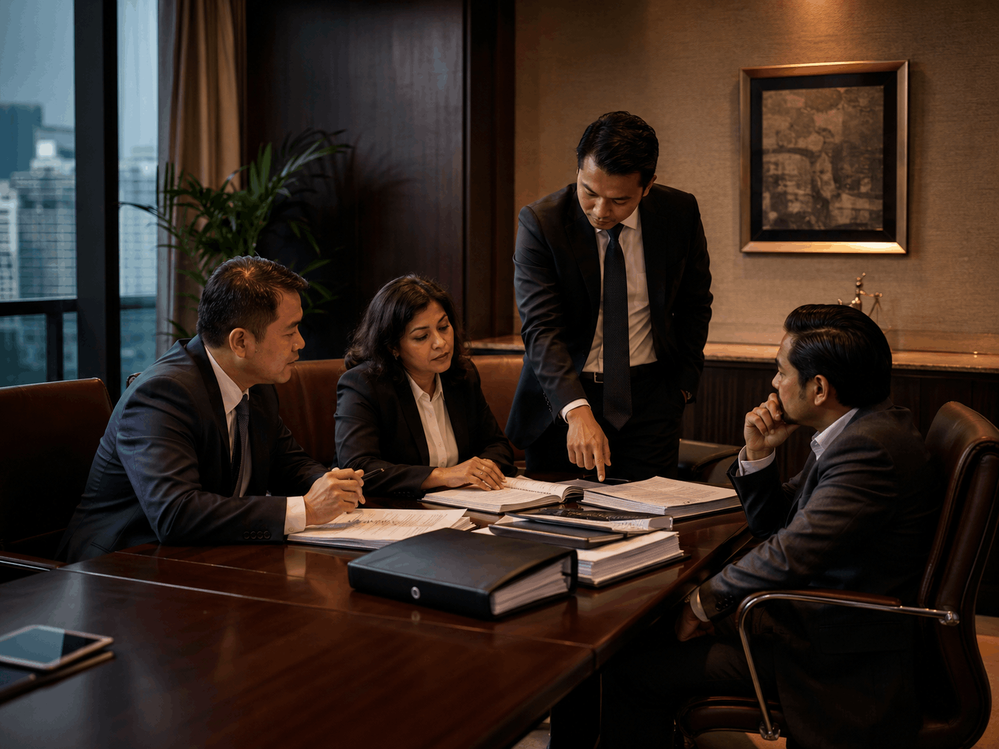 Lawyers discussing legal strategy in a conference room